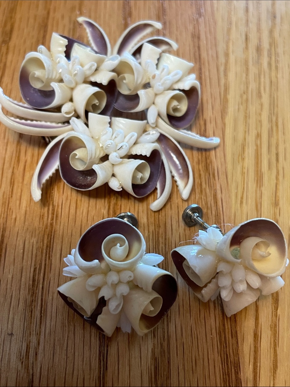 Vintage Floral Carved Shell Brooch and Screw-back Earrings Set